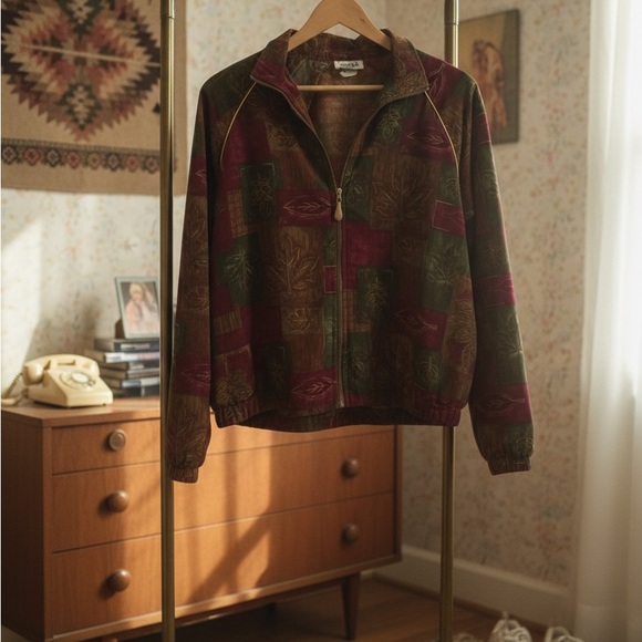 Vintage Teddi Leaf Print Zip Jacket Earth Tone with Gold |Size Medium🍂🍁 - Picture 3 of 9